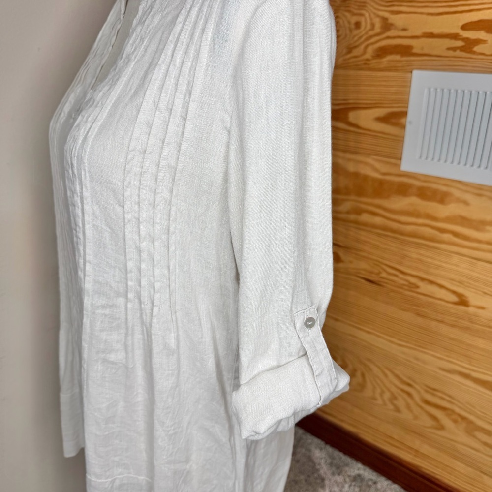 Saint Tropez West 100% Linen Tunic Top Medium M Light Grey Pleated Boho - Picture 4 of 9